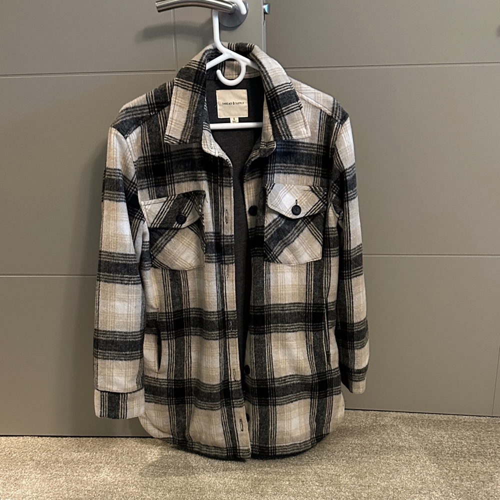 Thread & Supply Black and Cream Plaid Utility Jacket
